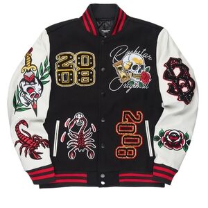 Black and White Varsity Jacket with Embroidered Patches